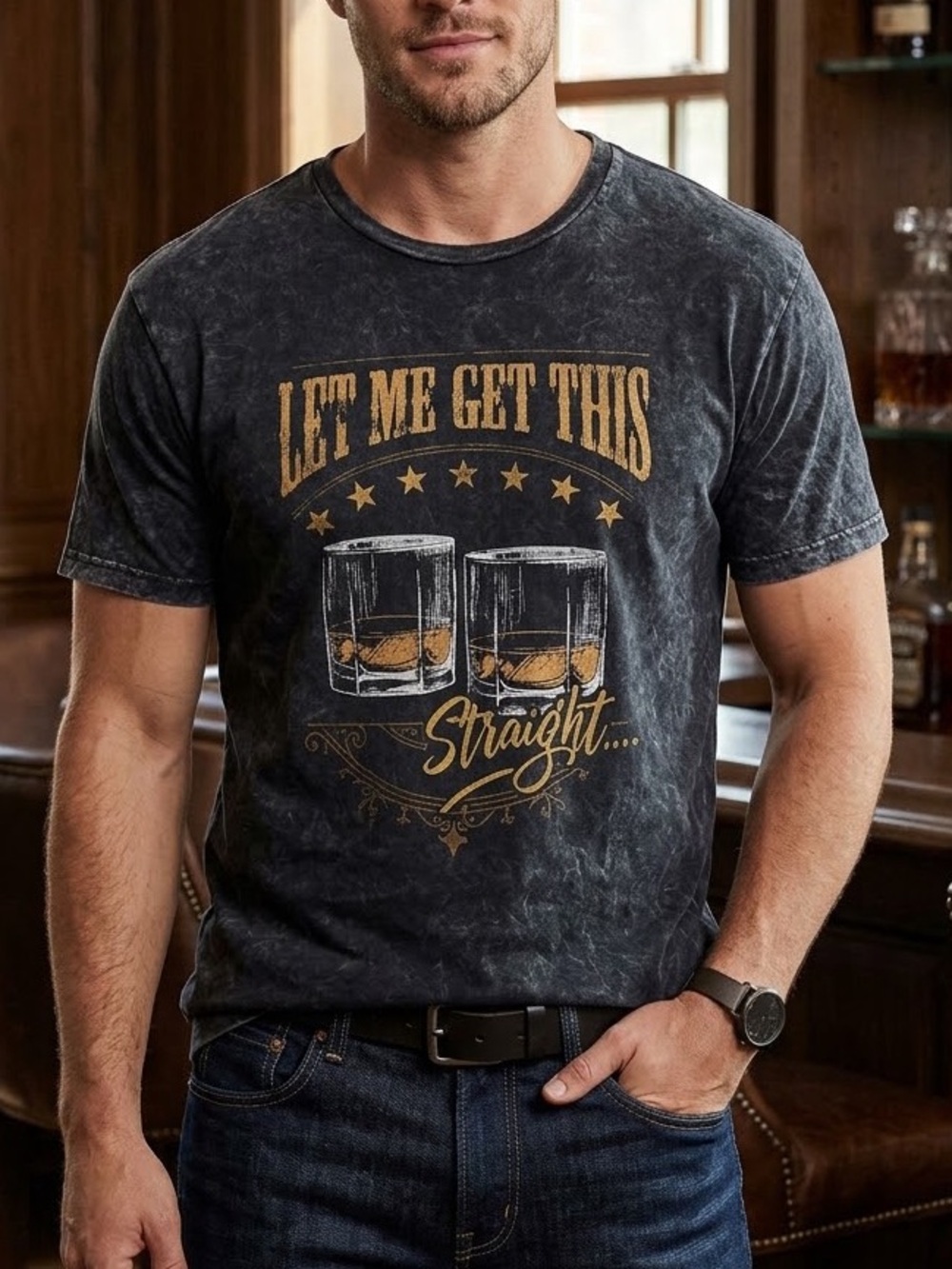 Men's Black Vintage Graphic Tee with Gold Print